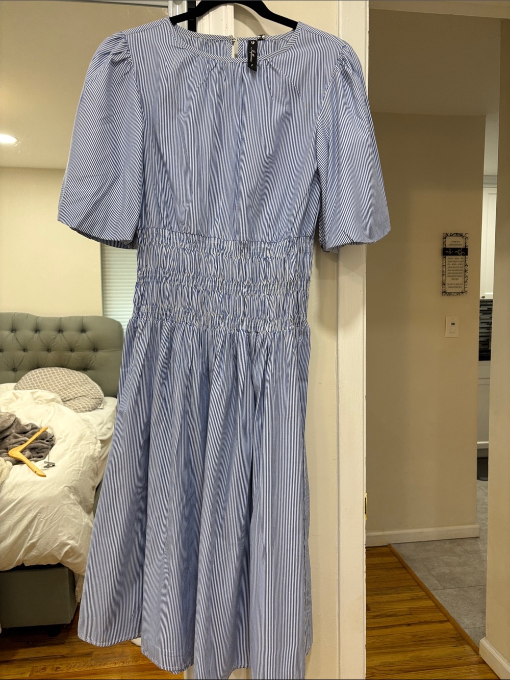Light Blue Striped Smocked Waist Women's Dress Asos INFLUENCE